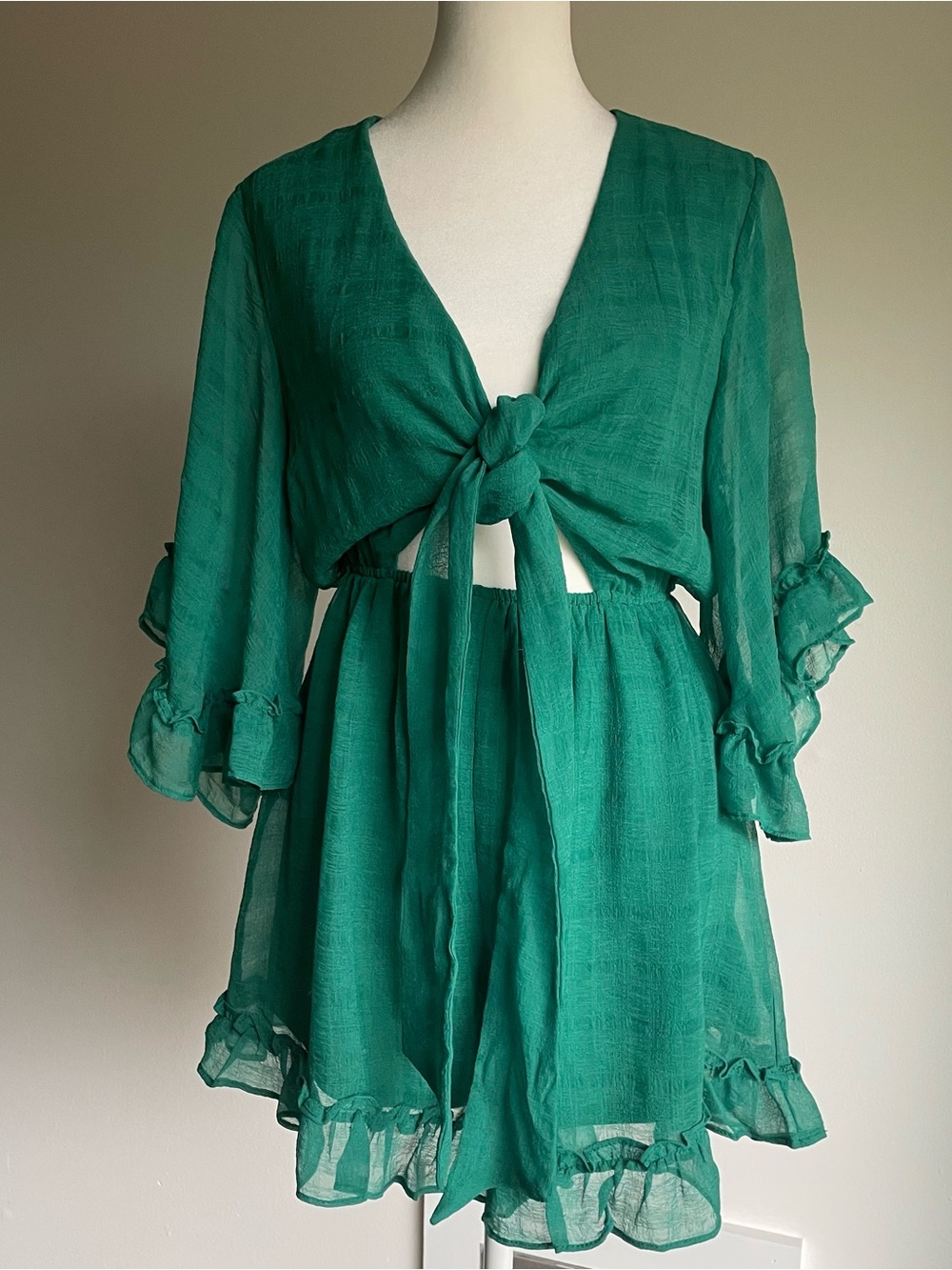 Chiffon Ruffle Romper with Cut Out Mi Ami Green Boho Chic Romantic Size M - Picture 1 of 15